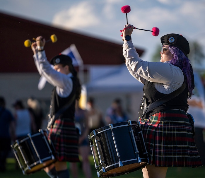 (Rick Egan | The Salt Lake Tribune)  The Mesa Caledonian Pipe Band performs at the opening of the 3-Day  Utah Scottish Festival, at the Utah State Fairpark, on Friday, June 16, 2023.
