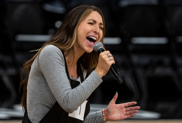 (Rick Egan | The Salt Lake Tribune) Julie Williams performs for the judges, during the Jazz National Anthem try outs, at the Delta Center, on Tuesday, Aug. 29, 2023.
