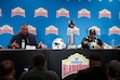 (BYU Athletics) BYU football coach Kalani Sitake, left, and Colorado football coach Deion Sanders speak to reporters Friday, Dec. 27, 2024, in San Antonio ahead of the Alamo Bowl on Saturday.