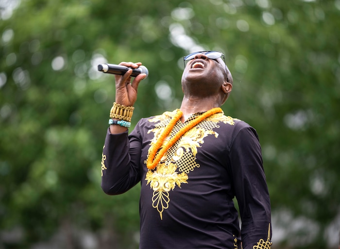 (Rick Egan | The Salt Lake Tribune)  Alex Boyé sings at The Gateway mall during a Juneteenth celebration on Monday, June 19, 2023.