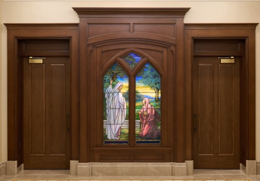 (The Church of Jesus Christ of Latter-day Saints) The entrance of the second-floor patron waiting area in the Layton Utah Temple features this Tiffany Studio window, circa 1915, which was purchased from a United Presbyterian Church in Armenia, New York. That church was demolished in 2015.