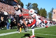 Colorado wide receiver Will Sheppard, left, pulls in a touchdown pass over Utah cornerback Cameron Calhoun in the first half of an NCAA college football game Saturday, Nov. 16, 2024, in Boulder, Colo. (AP Photo/David Zalubowski)