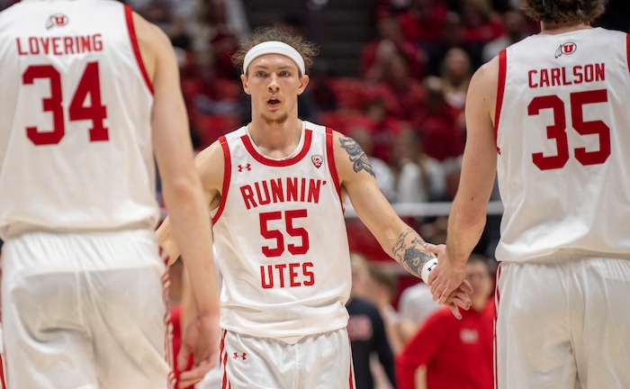 (Rick Egan | The Salt Lake Tribune) Utah Utes guard Gabe Madsen (55) congratulates team mates, in PAC-12 basketball action between the Utah Utes and the Colorado Buffaloes a the Jon M. Huntsman Center, on Saturday, Feb. 3, 2024.
