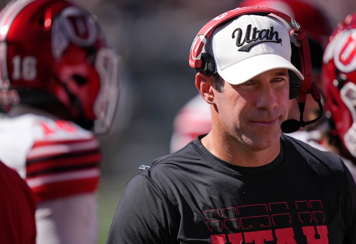 (Francisco Kjolseth  | The Salt Lake Tribune) University of Utah defensive coordinator Morgan Scalley as the Utah Utes are hosted by Utah State during NCAA football in Logan, Utah on Saturday, Sept. 14, 2024. 