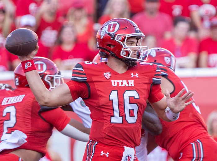 (Rick Egan | The Salt Lake Tribune) Quarterback Bryson Barnes (16) throws the ball for the Utes in football action between the Utah Utes and the Florida Gators at Rice-Eccles Stadium on Thursday, Aug. 31, 2023.