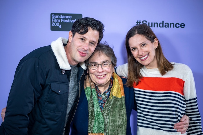 (Rick Egan | The Salt Lake Tribune)  Adam Kersh, Cindy Silver and Taylor Hess, on the press line for the premiere of "Between the Temples" at the Library Center in Park City, at the Sundance Film Festival, on Friday, Jan. 19, 2024.
