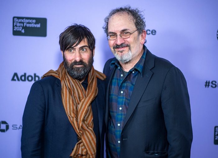 (Rick Egan | The Salt Lake Tribune)  Jason Schwartzman and Robert Smigel, on the press line for the premiere of "Between the Temples" at the Library Center in Park City, at the Sundance Film Festival, on Friday, Jan. 19, 2024.
