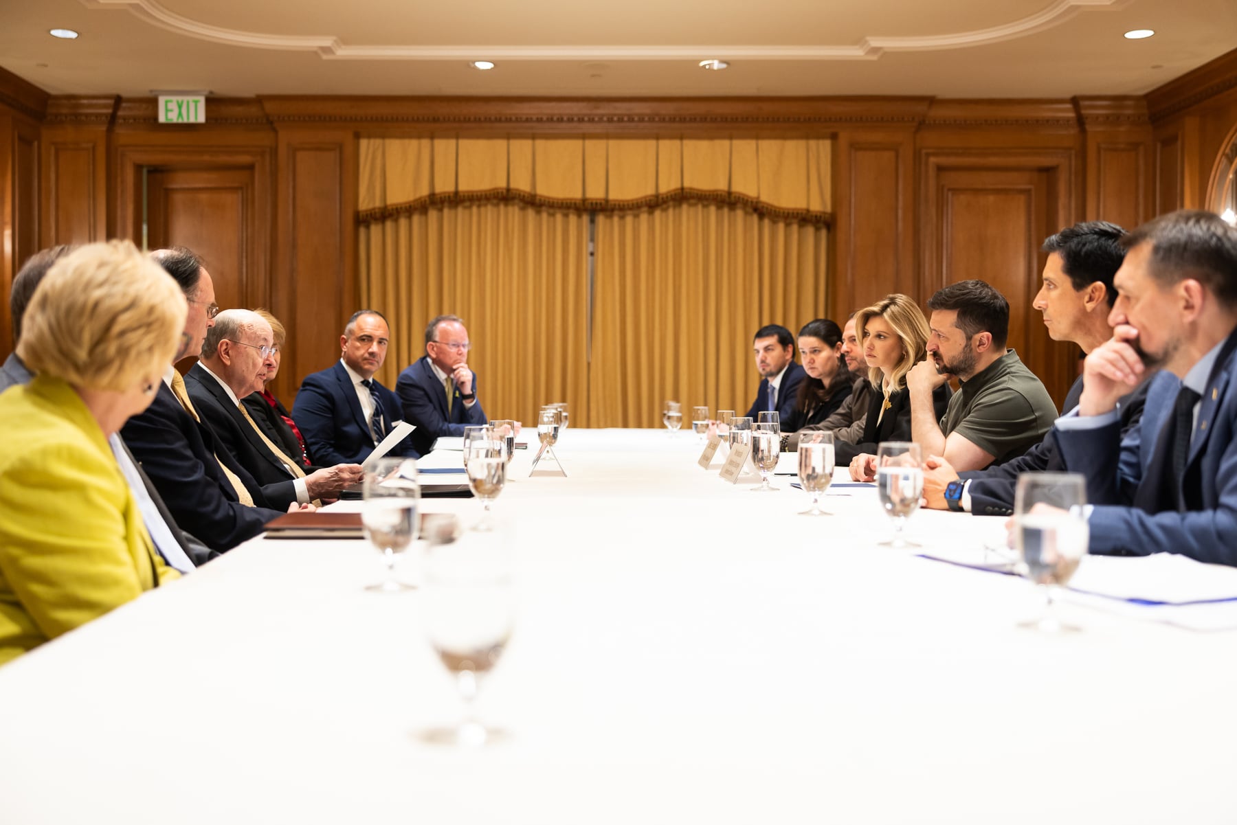 (Ukrainian Presidential Press Office) Ukraine President Volodymyr Zelenskyy and first lady Olena Zelenska, middle right, meet with leaders of The Church of Jesus Christ of Latter-day Saints in Salt Lake City on Friday, July 12, 2024. At middle left is apostle Quentin L. Cook.
