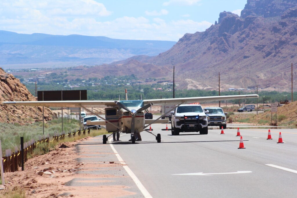 (Doug McMurdo | The Times-Independent) A plane landed on Highway 191 Thursday, Aug. 15, 2024.