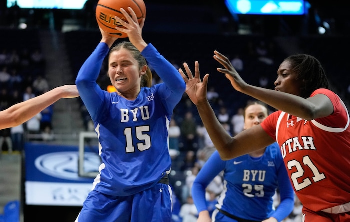 (Francisco Kjolseth  | The Salt Lake Tribune) BYU Cougars guard Kemery Congdon (15) is pressured by Utah Utes forward Maye Toure (21) as BYU hosts Utah, NCAA basketball in Provo on Saturday, Jan. 25, 2025.