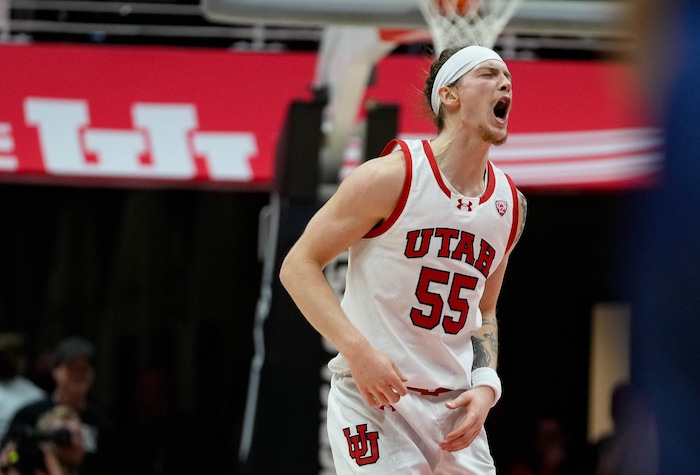 (Francisco Kjolseth  |  The Salt Lake Tribune) Utah Utes guard Gabe Madsen (55) screams in celebration forcing the first of three overtimes in PAC-12 basketball action between the Utah Utes and the Arizona Wildcats at the Jon M. Huntsman Center, on Thursday, Feb. 8, 2024.