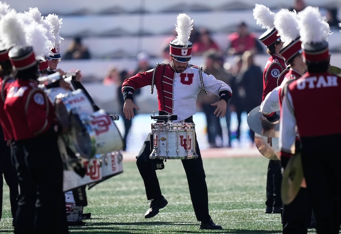 (Francisco Kjolseth  |  The Salt Lake Tribune) Utah band members get animated before the start of the Utah Utes game against the Arizona State Sun Devils in Salt Lake City on Saturday, Nov. 4, 2023.