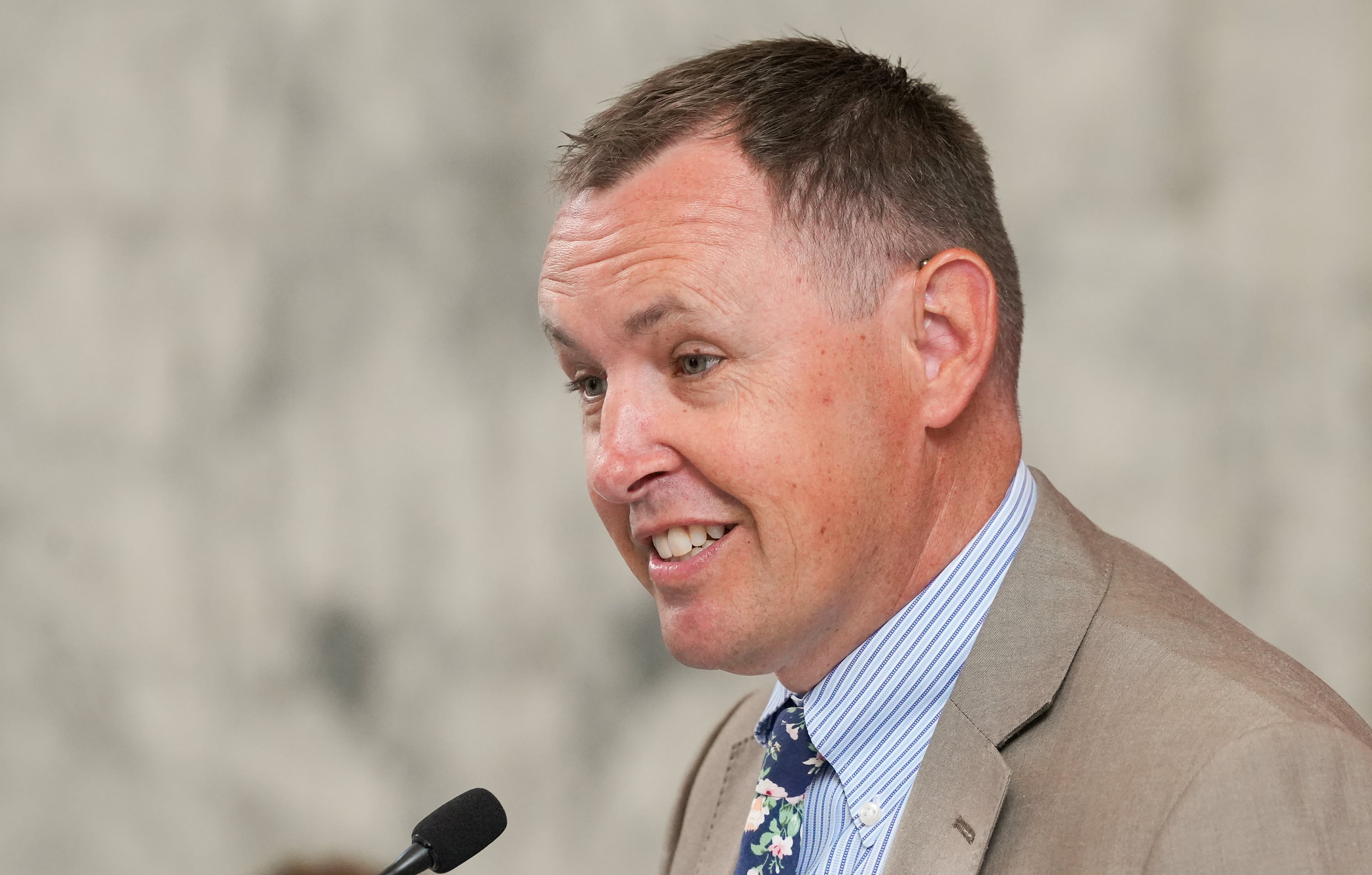 (Chris Samuels | The Salt Lake Tribune) Granite School District superintendent Ben Horsley gives remarks at the University of Utah Monday, Aug. 12, 2024, on a new program to offer guaranteed admissions to students in four school districts.