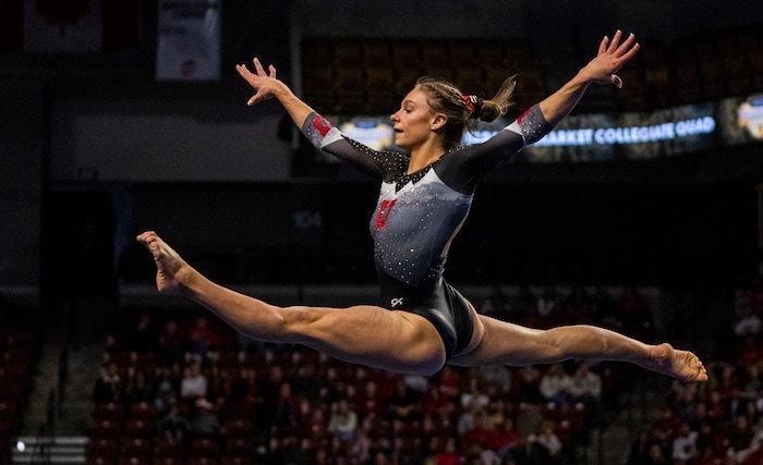 (Rick Egan | The Salt Lake Tribune) Grace McCallum competes on the floor for Utah, during a meet between Utah, LSU, Oklahoma and UCLA at the Maverik Center, on Saturday, Jan. 13, 2024.
