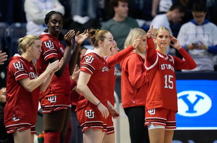 (Francisco Kjolseth  | The Salt Lake Tribune) The Utah bench erupts in celebration over a shot as BYU hosts Utah, NCAA basketball in Provo on Saturday, Jan. 25, 2025.