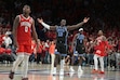 (Rick Scuteri | AP) BYU center Keba Keita (13) celebrates after defeating Arizona during an NCAA college basketball game, Saturday, Feb. 22, 2025, in Tucson, Ariz.