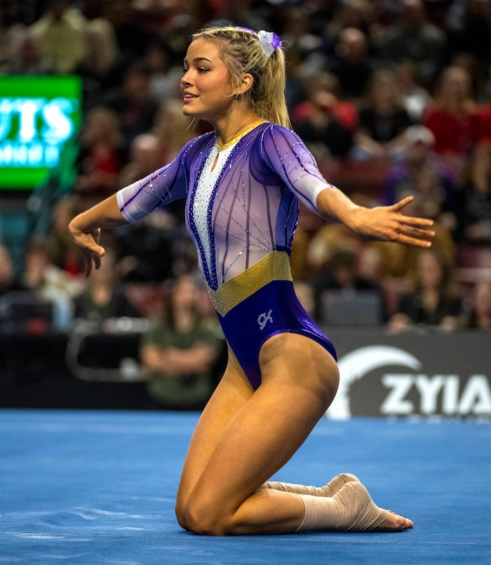 (Rick Egan | The Salt Lake Tribune)  LSU gymnast Livvy Dunne competes on the floor, in a gymnastics meet between Utah, LSU, Oklahoma and UCLA at the Maverik Center, on Saturday, Jan. 13, 2024.