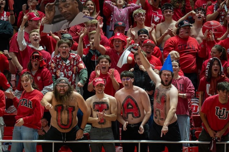 (Rick Egan | The Salt Lake Tribune) The Muss reacts as Utah takes the lead in the final minutes of the game , in Big 12 basketball action between the Utah Utes and the Brigham Young Cougars, at the Jon M. Huntsman Center, on Saturday, Jan 18, 2025.