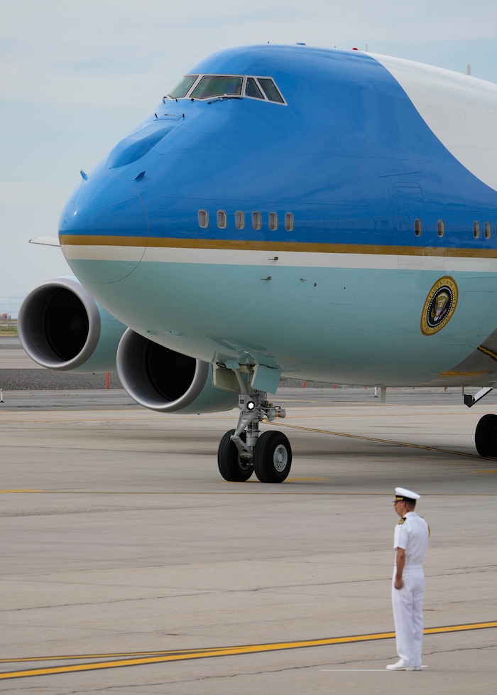 (Francisco Kjolseth | The Salt Lake Tribune) Air Force One arrives at Roland R. Wright Air National Guard Base as President Joe Biden visits Utah on Wednesday, Aug. 9, 2023.