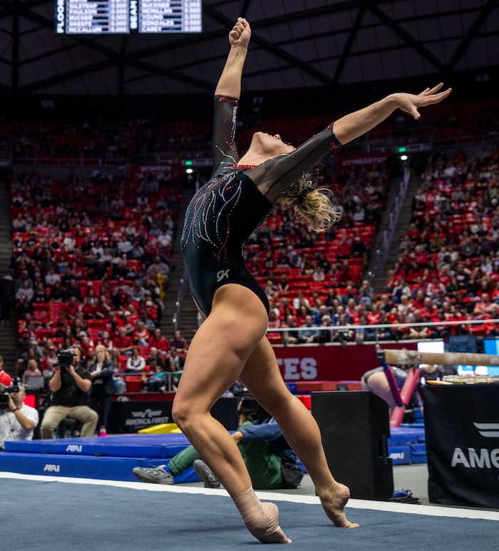 (Rick Egan | The Salt Lake Tribune)  Jaylene Gilatrap performs on the floor, in gymnastics action between Utah  Red Rocks and Oregon State, at the Jon M. Huntsman Center, on Friday, Feb. 2, 2024.
