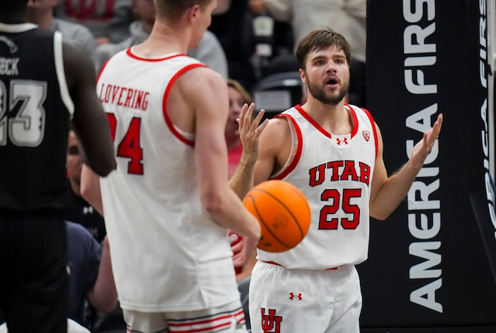 (Bethany Baker  |  The Salt Lake Tribune) Utah Utes guard Rollie Worster (25) reacts to a call during the game against the Hawaii Warriors at the Delta Center in Salt Lake City on Thursday, Nov. 30, 2023.