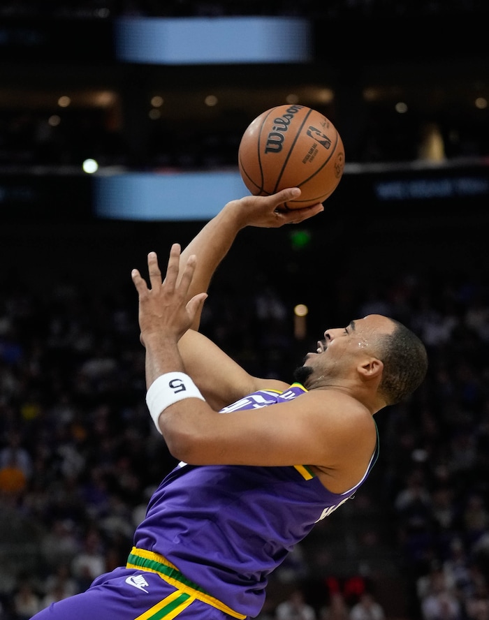 (Francisco Kjolseth  |  The Salt Lake Tribune) Utah Jazz guard Talen Horton-Tucker (5) makes a shot attempt as the Utah Jazz get ready to take on the Sacramento Kings, during NBA basketball in Salt Lake City on Wednesday, Oct. 25, 2023.