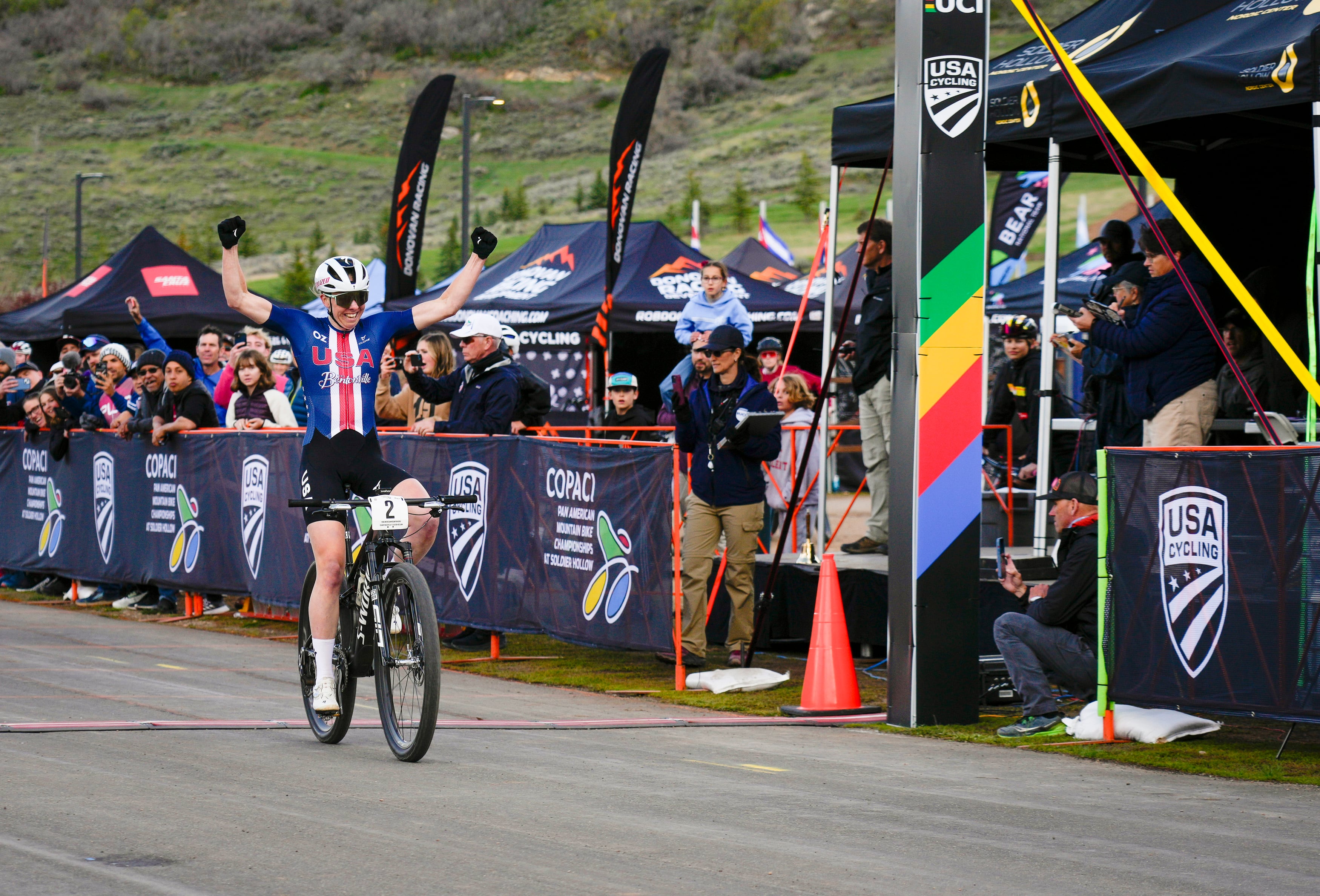 (Bethany Baker | The Salt Lake Tribune) Haley Batten wins the Elite Women Short Track race during the Pan American Mountain Biking Championships at Soldier Hollow Nordic Center in Midway on Friday, May 10, 2024.