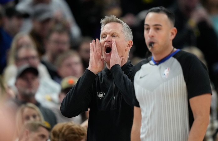 (Francisco Kjolseth  |  The Salt Lake Tribune) Golden State Warriors coach Steve Kerr yells out to his players during an NBA basketball game Thursday, Feb. 15, 2024, in Salt Lake City.