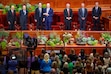 (Trent Nelson  |  The Salt Lake Tribune) Church leaders sing the hymn "We Thank Thee, O God, for a Prophet" at General Conference on in October 2024.