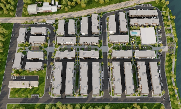 (CW Land Co.) A rendering of the aerial view of theYARD, C.W. Urban's 8.58-acre build-to-rent development in Salt Lake City's Fairpark neighborhood.