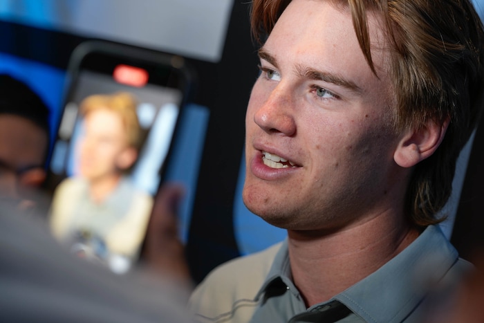 (Francisco Kjolseth  |  The Salt Lake Tribune) Utah Hockey Club prospect Josh Doan speaks to the media as the Utah Hockey Club hosts their first NHL draft party at the Delta Center on Friday, June 28, 2024.