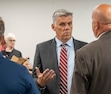 (Rick Egan | The Salt Lake Tribune)  Phil Lyman visits with supporters at the Utah State Records Committee hearing, on Thursday, July 18, 2024.
