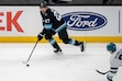 (Rick Egan | The Salt Lake Tribune) Utah Hockey Club center Barrett Hayton (27) looks for a shot in NHL action between the Utah Hockey Club and the San Jose Sharks, at the Delta Center, on Friday, Jan 10, 2025.

