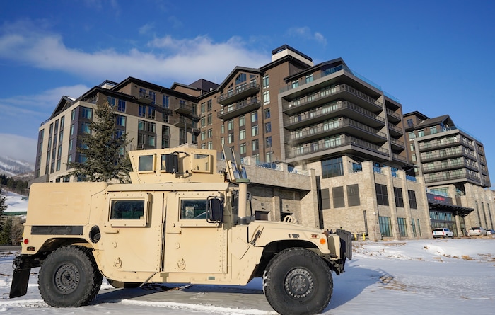 (Chris Samuels | The Salt Lake Tribune) A military vehicle on display outside the opening of the Grand Hyatt Deer Valley near Heber, Thursday, Jan. 9, 2025.