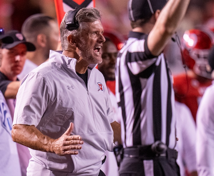 (Rick Egan | The Salt Lake Tribune) 
Utah head coach Kyle Whittingham reacts as he watches a play, that resulted in Florida being penalized for an illegal formation, in football action between the Utah Utes and the Florida Gators. At Rice-Eccles Stadium, on Thursday, Aug. 31, 2023.
