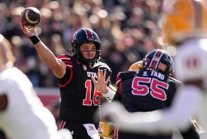 (Francisco Kjolseth  |  The Salt Lake Tribune) Utah Utes quarterback Bryson Barnes (16) finds his play as the Utah Utes host the Arizona State Sun Devils in NCAA football in Salt Lake City on Saturday, Nov. 4, 2023.