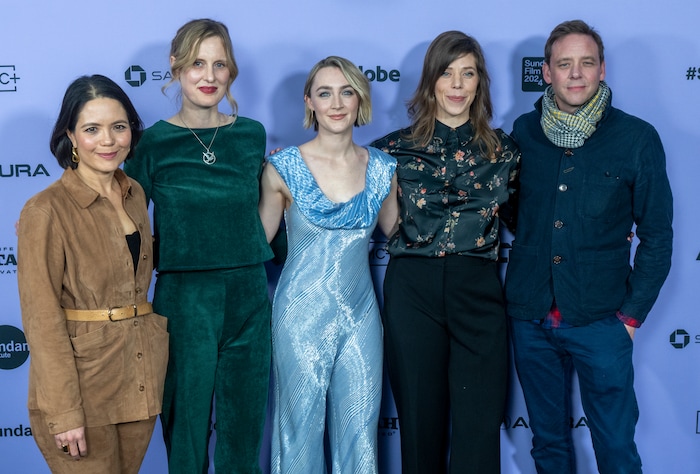 (Rick Egan | The Salt Lake Tribune)    Producer Sarah Brocklehurst, Writer Amy Liptrot, Saoirse Ronan, and director Nora Fingscheidt and producer Dominic Norris, on the Press line for "The Outrun" at the Library Center in Park city, during the Sundance film Festival, on Friday, Jan. 19, 2024.
