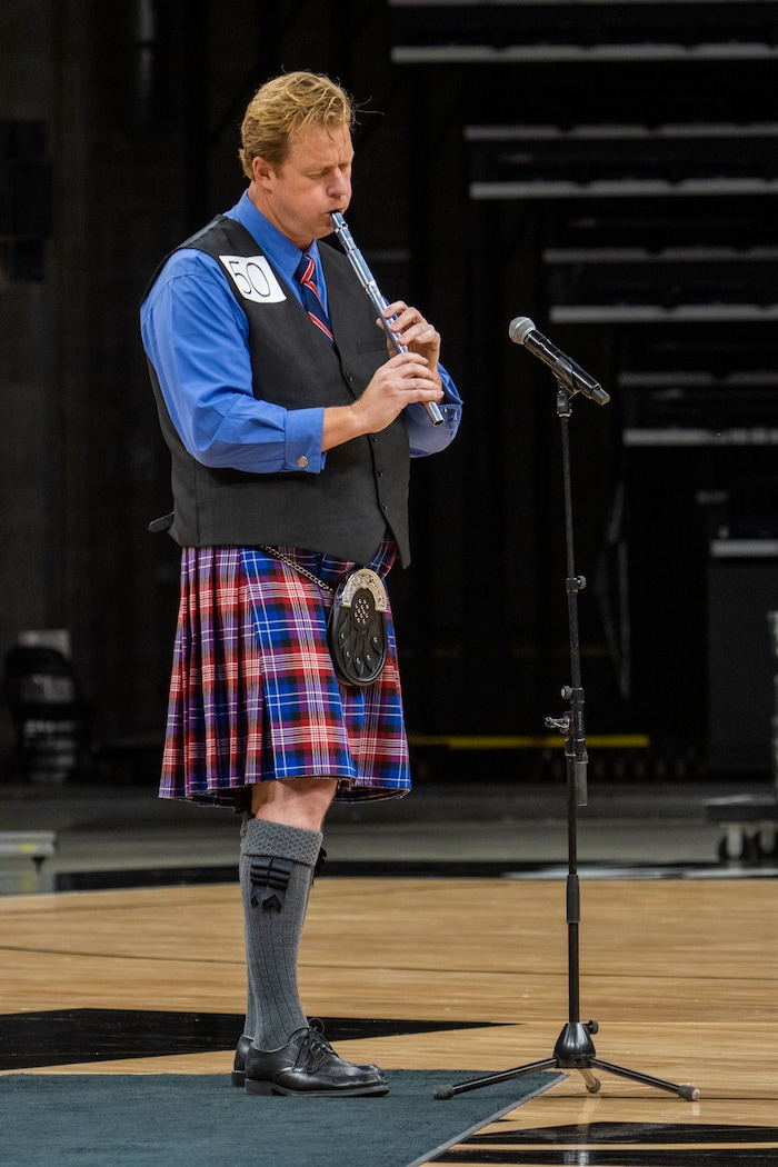 (Rick Egan | The Salt Lake Tribune) Scott Dalton performs for the judges, during the Jazz National Anthem try outs, at the Delta Center, on Tuesday, Aug. 29, 2023.
