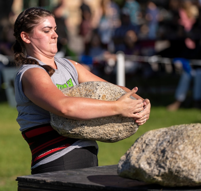 (Rick Egan | The Salt Lake Tribune)  Kayli Anderson competes in the Stone Load Series during the Utah Stones of Strength Strongman competition at the Utah Scottish Festival, at the Utah State Fairpark, on Friday, June 16, 2023.
