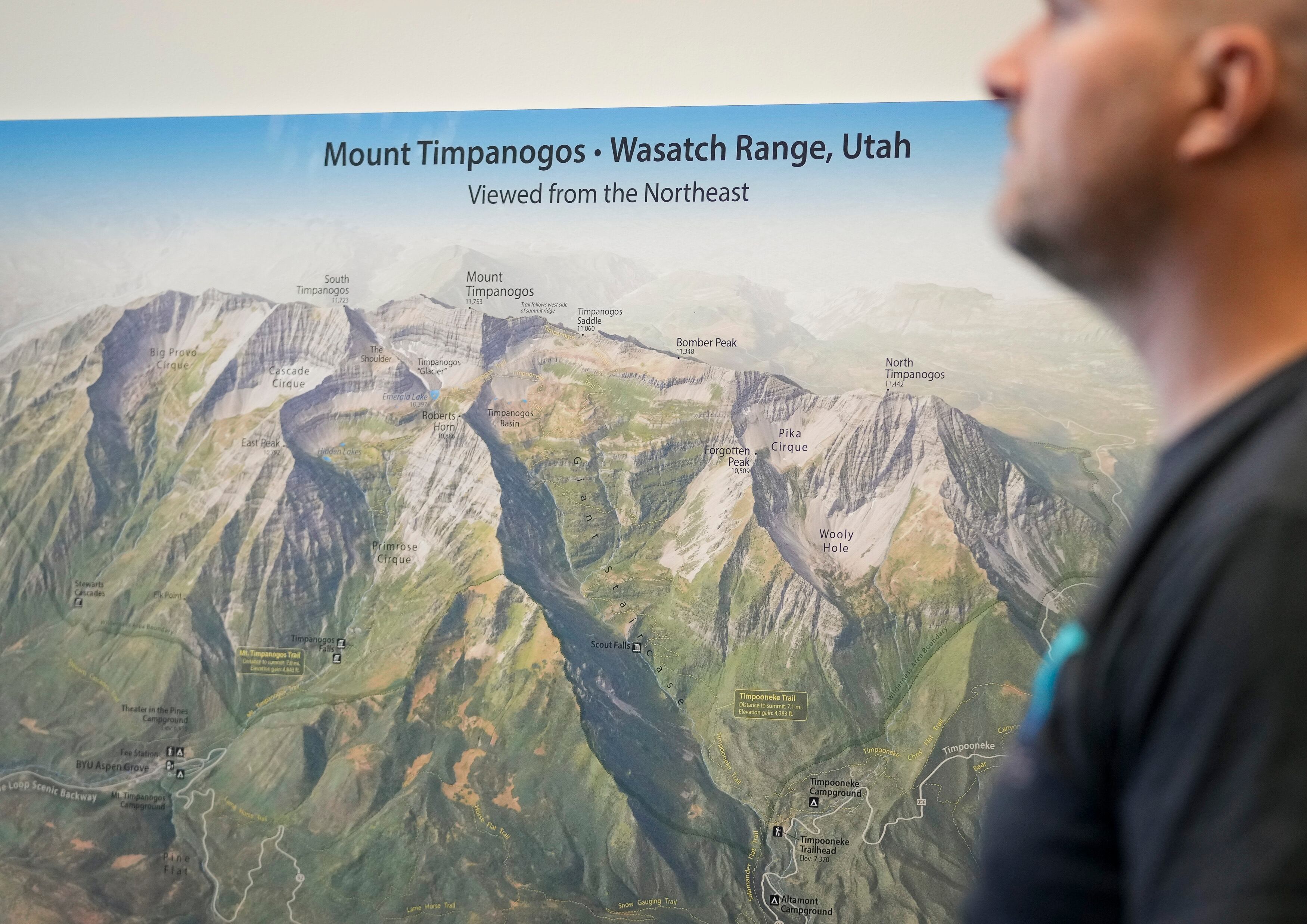 (Bethany Baker | The Salt Lake Tribune) A map of Mount Timpanogos is seen on the wall at Timpanogos Hiking Co. in Provo on Wednesday, May 8, 2024.