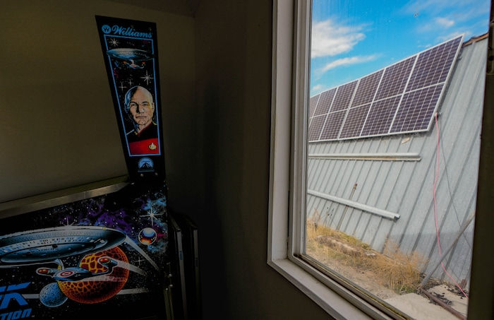 (Francisco Kjolseth  |  The Salt Lake Tribune) A vintage “Star Trek” pinball machine sits in the corner of the community center of Riverbed Ranch in the remote western Utah desert, pictured Saturday, February. 17, 2024.