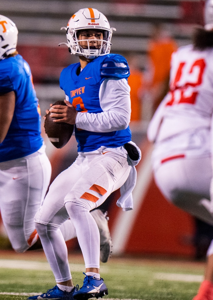 (Rick Egan | The Salt Lake Tribune)   Helaman  Casuga  throws a pass for the Timpview Thunderbirds, in 5A State playoff action between the Timpview Thunderbirds and the Bountiful Redhawks, at Rice-Eccles Stadium, on Friday, Nov. 17, 2023.
