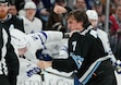 (Francisco Kjolseth  | The Salt Lake Tribune) Utah Hockey Club defenseman Michael Kesselring (7) gets into a fight with Toronto Maple Leafs defenseman Simon Benoit (2) during an NHL hockey game at the Delta Center in Salt Lake City on Monday, March 10, 2025.