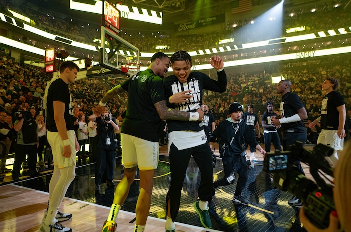 (Francisco Kjolseth  |  The Salt Lake Tribune) Utah Jazz forward John Collins (20) and Utah Jazz guard Keyonte George (3) are introduced before the start of their game against the Golden State Warriors Thursday, Feb. 15, 2024, in Salt Lake City.