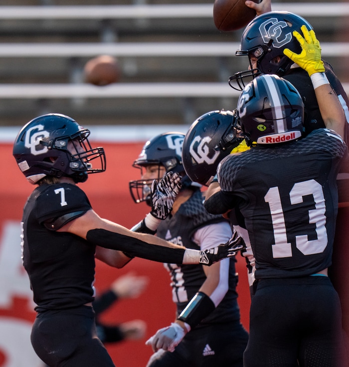 (Rick Egan | The Salt Lake Tribune) Corner Canyon celebrates after QB Isaac Wilson (1), ran for a touchdown, in the Chargers 6A State championship win over the Skyridge Falcons, at Rice-Eccles Stadium, on Friday, Nov. 17, 2023.