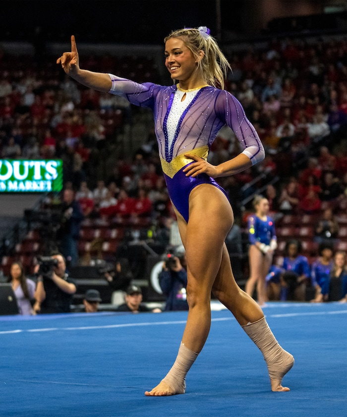 (Rick Egan | The Salt Lake Tribune)  LSU gymnast Livvy Dunne competes on the floor, in a gymnastics meet between Utah, LSU, Oklahoma and UCLA at the Maverik Center, on Saturday, Jan. 13, 2024.