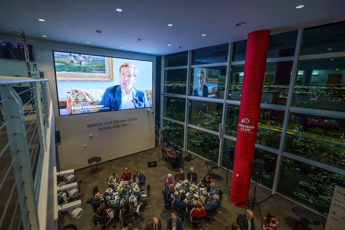 (Trent Nelson  |  The Salt Lake Tribune) Paul Huntsman appears in a video at the NewsMaker Awards in Salt Lake City on Thursday, Nov. 16, 2023.