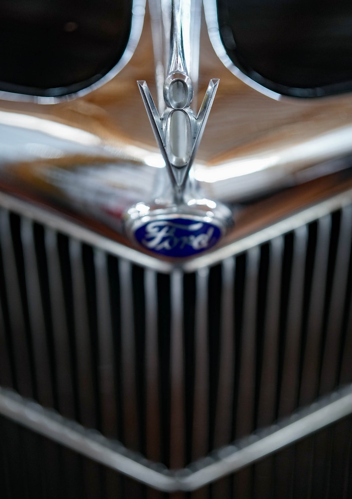 (Francisco Kjolseth  | The Salt Lake Tribune) The hood of a 1935 Ford rumble seat convertible with a flat head V8 with 3 speed on the floor at the Richard W. Erickson Foundation Power Show & Museum in Wallsburg, Utah on Tuesday, Aug. 6, 2024.