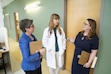 (University of Utah Health) From left, Sydney Cheek-O’Donnell (theater), Karly Pippitt (family medicine), and Gretchen Case discuss a research project that used theater techniques to improve nonverbal communication in health care conversations. The University of Utah is looking at a degree that would focus on bioethics, art and literature as tools to train empathetic caregivers.