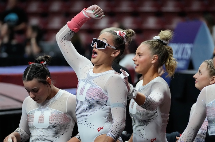 (Francisco Kjolseth  |  The Salt Lake Tribune) Utah cheers on their teammates during the Pac-12 Gymnastics Championships, at the Maverik Center in West Valley City on Saturday, March 23, 2024.